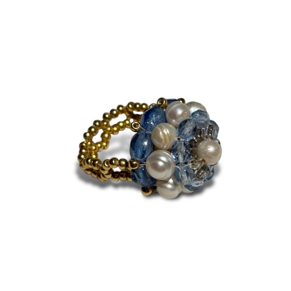 Vtg Pearl & Crystal Beaded Ring - Picture 3 of 5